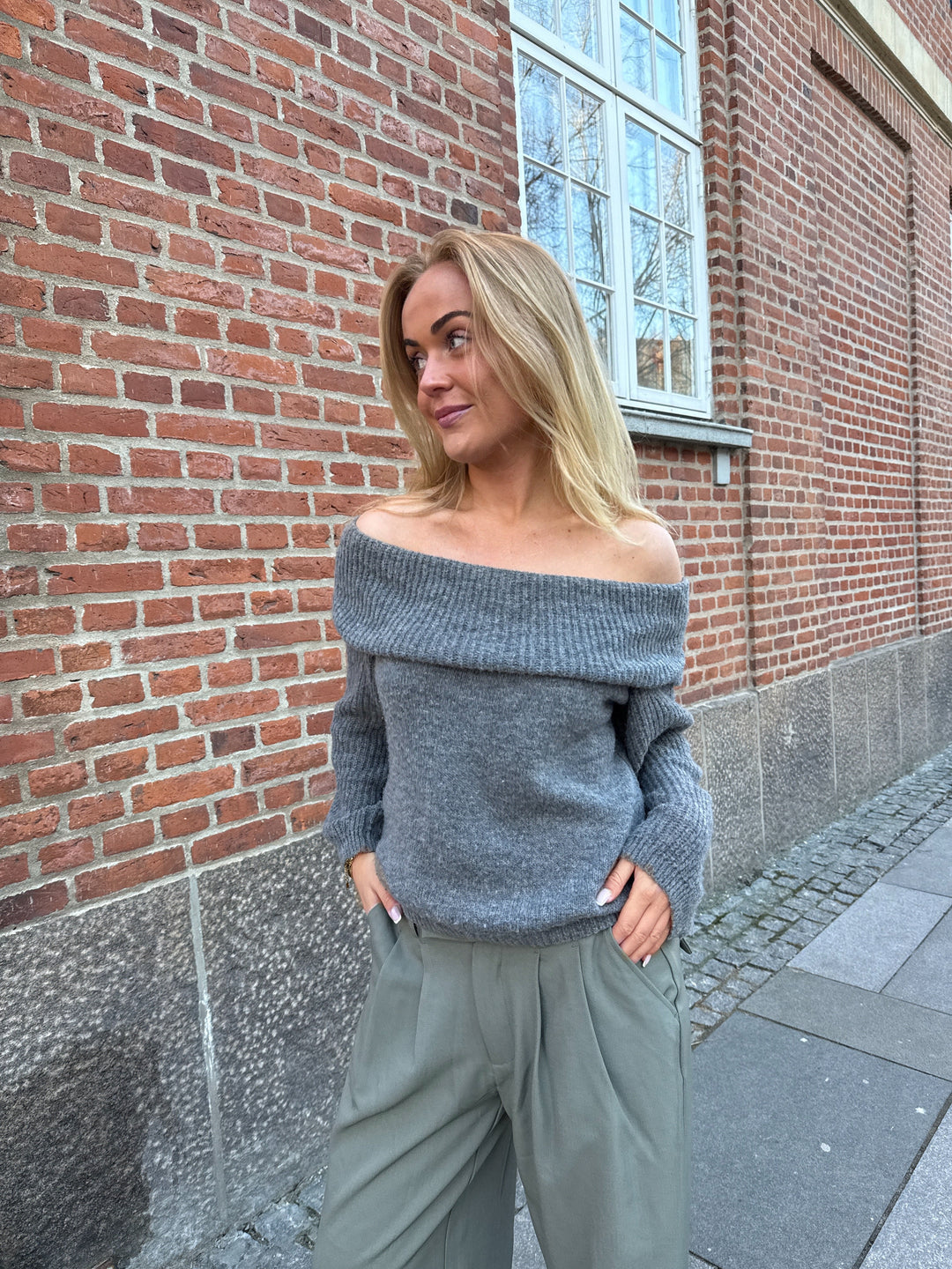 Sally Off Shoulder Knit - Medium Grey Melange