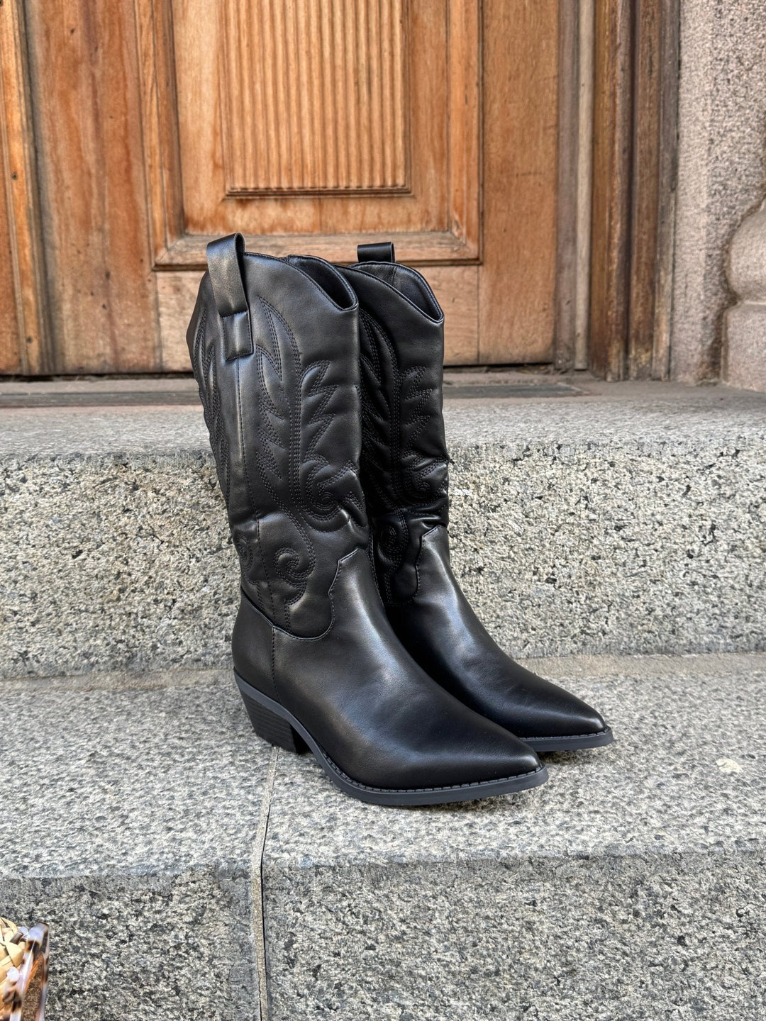 Tapered Faux Cowboy Boots - Black