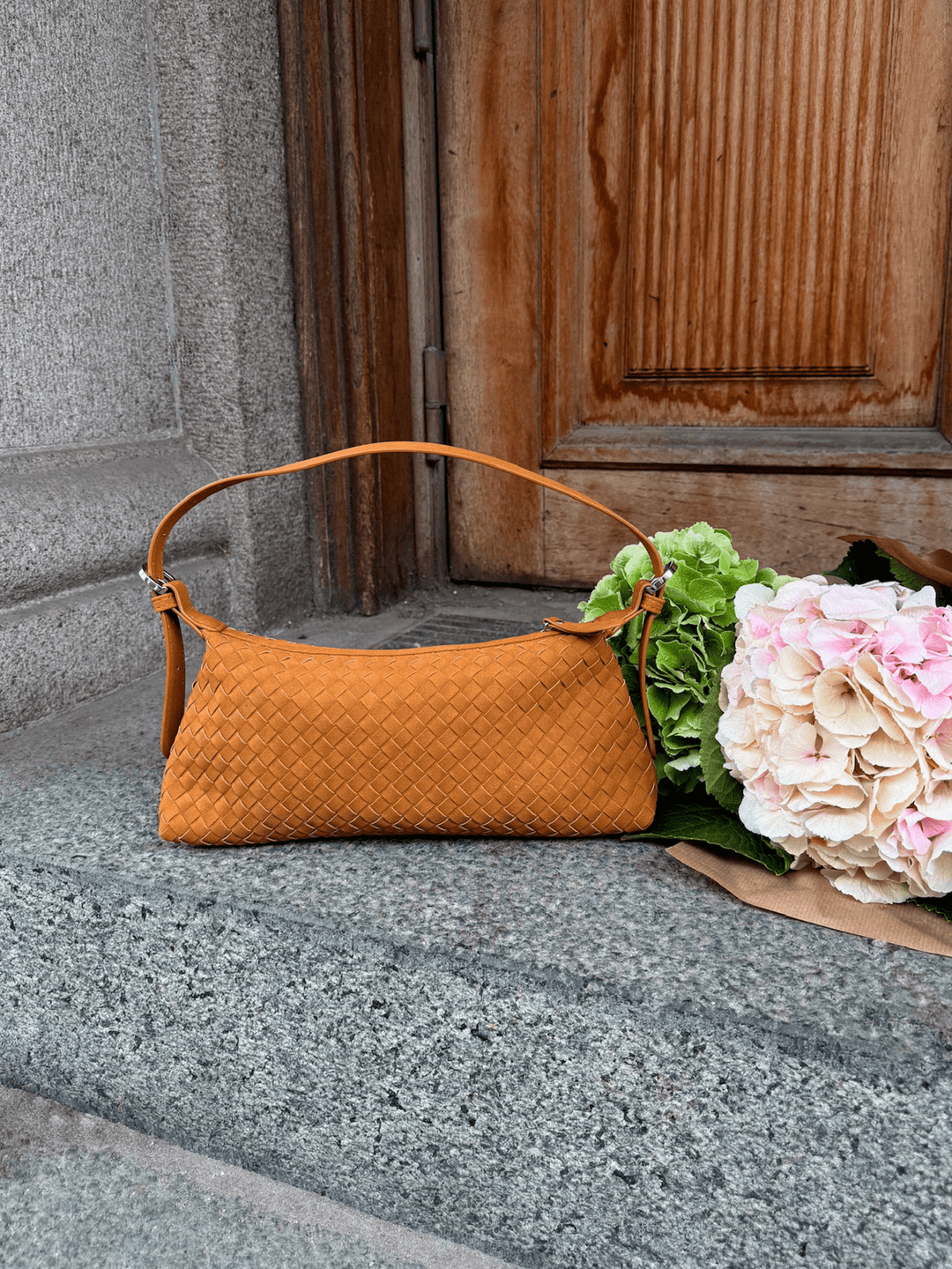Charlotte Faux Suede Baguette Bag - Cognac Brown